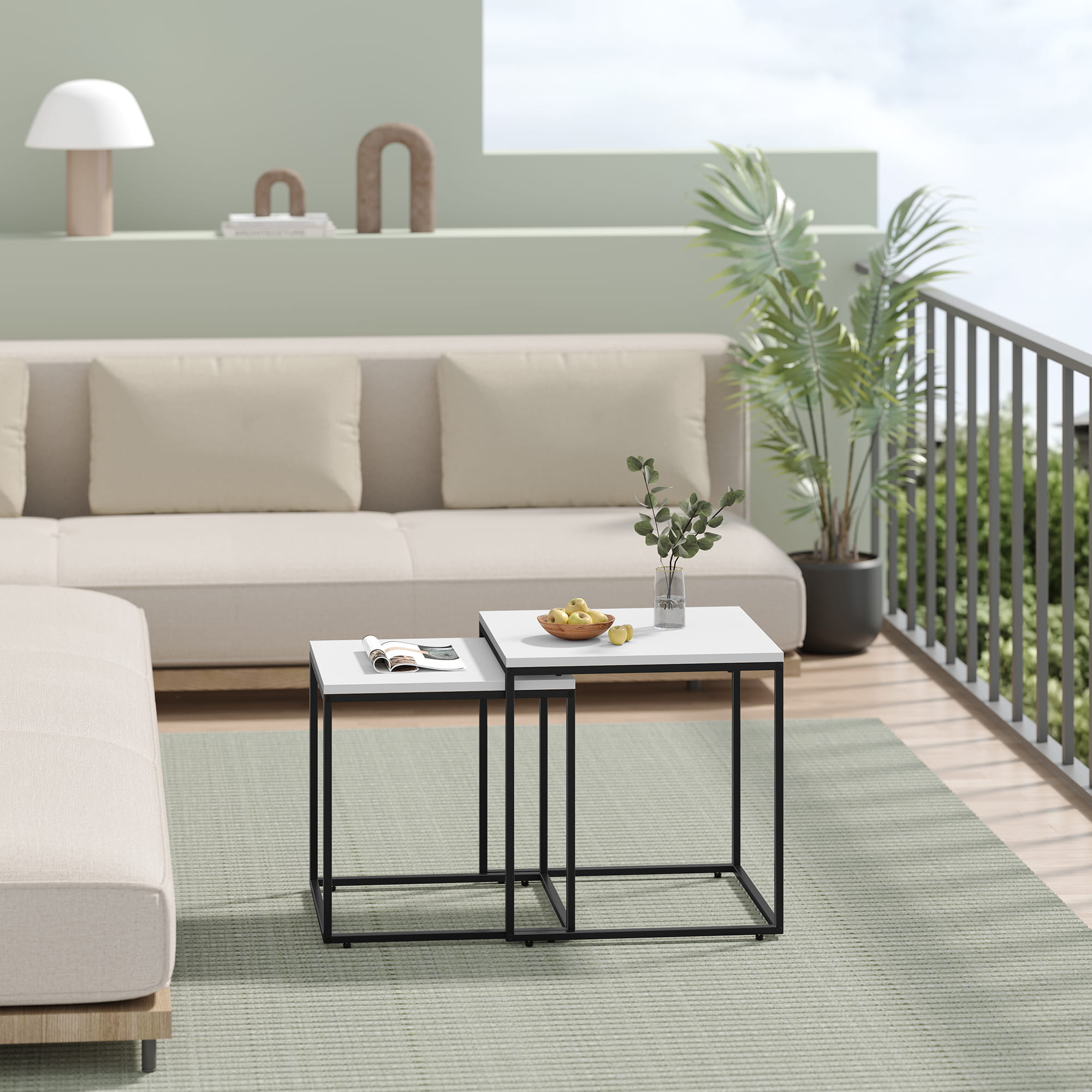 Set di 2 tavolini da caffè quadrati Valora | Piano bianco con struttura in acciaio nero