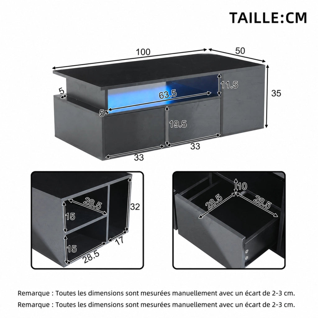 TAVOLO da salotto 100x50x35 cm Nero con LED e 2 cassetti
