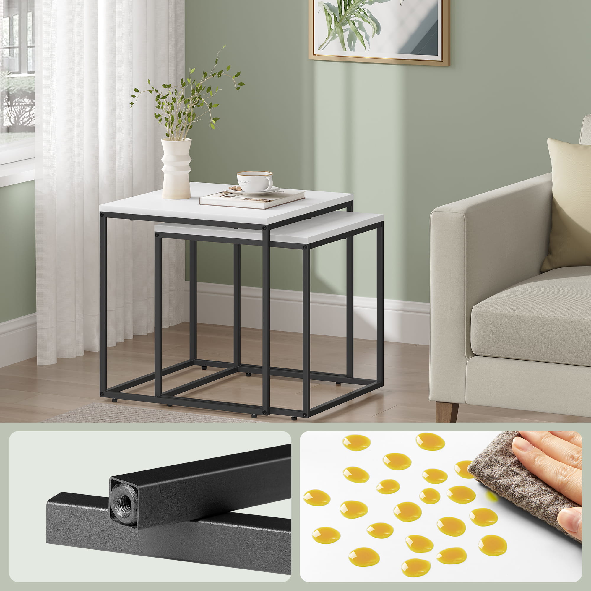 Set di 2 tavolini da caffè quadrati Valora | Piano bianco con struttura in acciaio nero