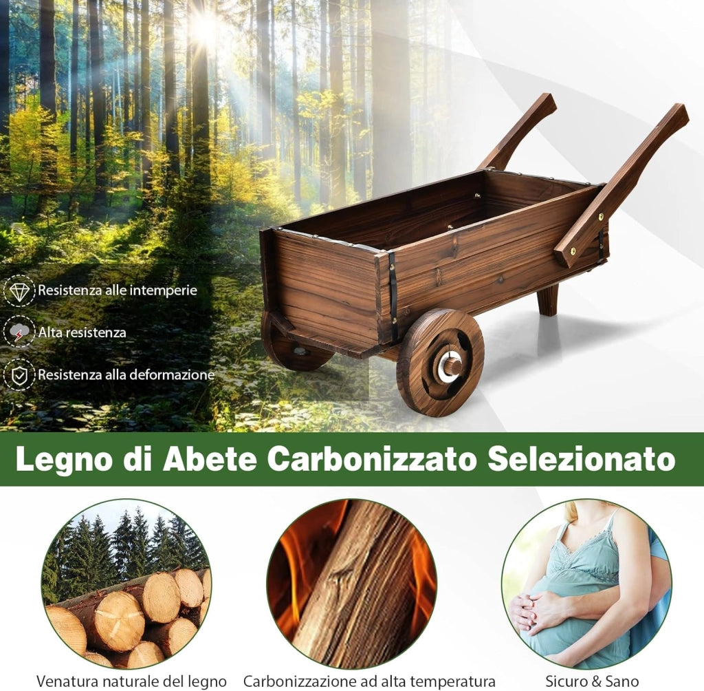 Fioriera da Esterno in Legno a Forma di Carrello, Carriola Portafiori con Ruote, Maniglie, Foro di Drenaggio, Carrello Decorativo da Interno ed Esterno, per Giardino, Patio e Balcone