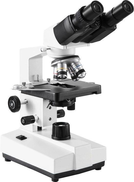 Microscopio Binoculare, Amplificazione 40x fino a 2500x, Microscopio Laboratorio con Illuminazione a Led, Tavola Meccanica a Doppio Schermo, Incluso Supporto per Telefono e Obiettivo Microscopico