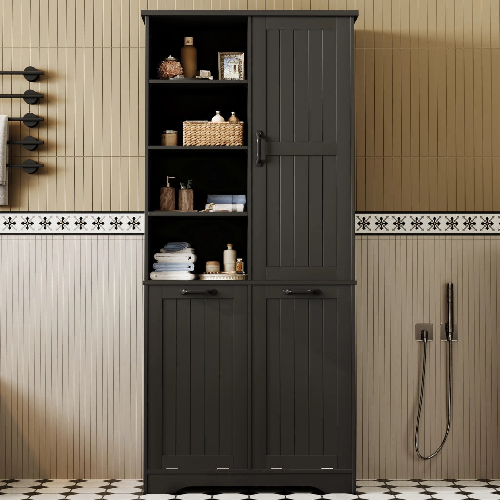 Mobile bagno in MDF 78 x 35 x 172,7 cm, con finitura laccata resistente all¡¯umidit¨¤, 2 cesti portabiancheria, 1 anta e ripiani regolabili, nero
