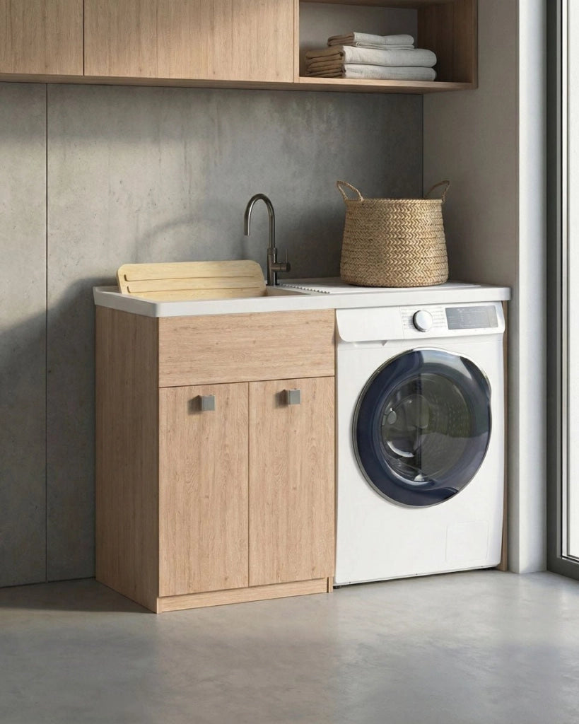Mobile coprilavatrice Pulsa Dx - Con 2 anta e lavatoio - Contenitore salvaspazio per bagno e lavanderia - Lavatrice non inclusa - Virginia - 124x93x60 cm_