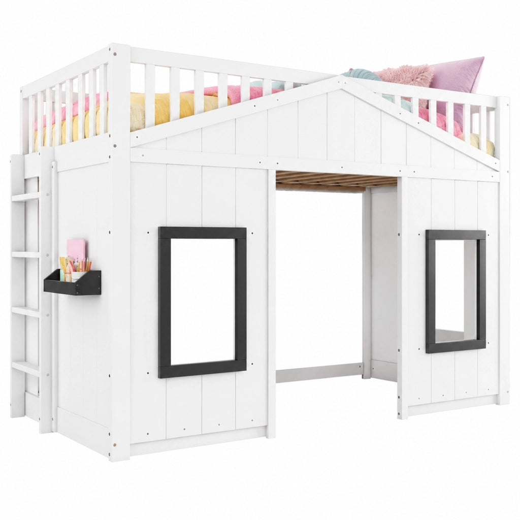 Letto a castello per bambini 90x200 cm con scala e finestre