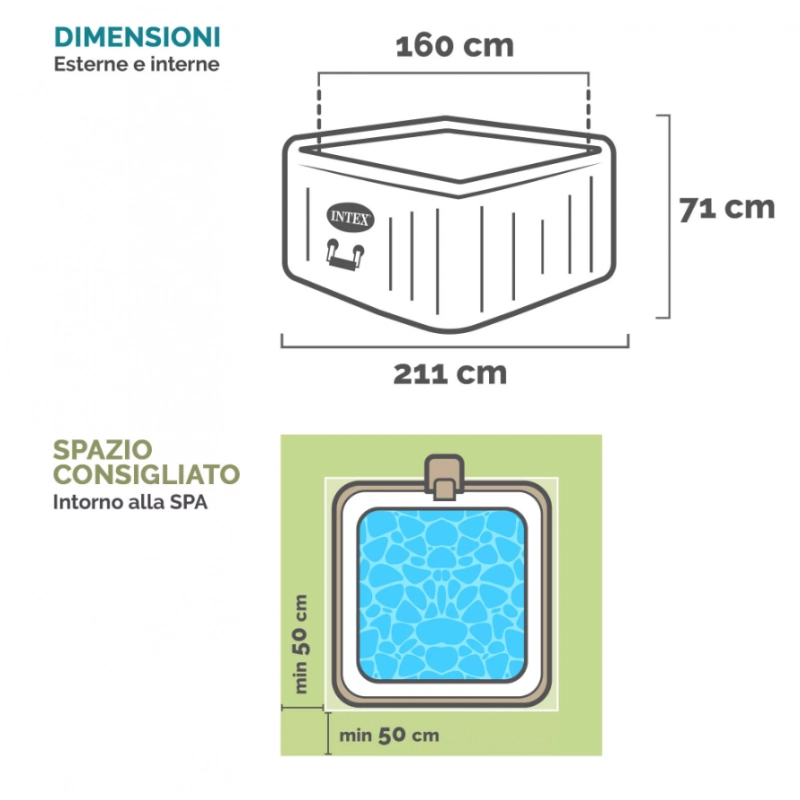 Spa gonfiabile idromassaggio quadrata 4 posti con WiFi e luce LED, 211x211x71 cm riscaldamento 40°C per esterno - Intex