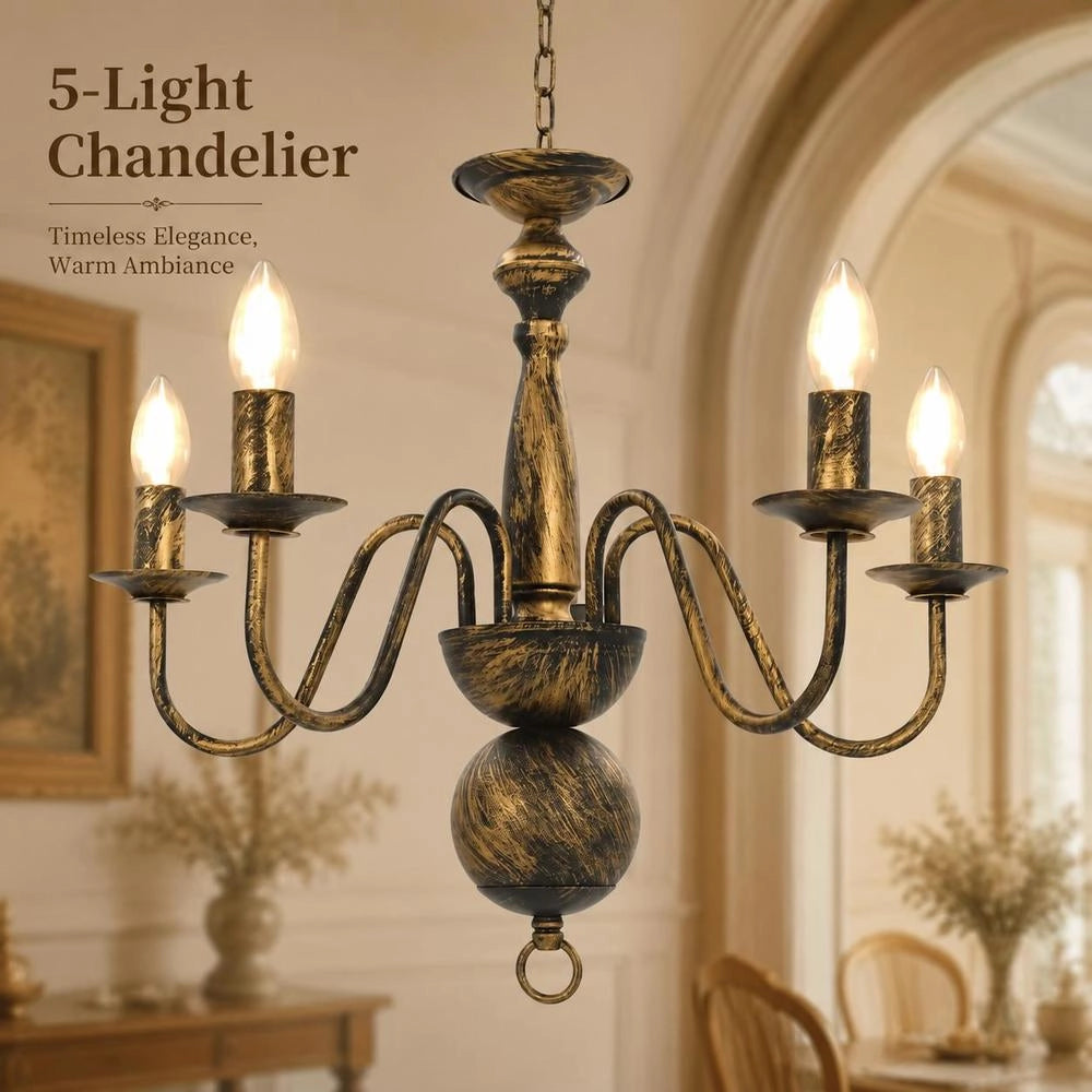 Antique Black Chandelier With 5 E14 Bulbs