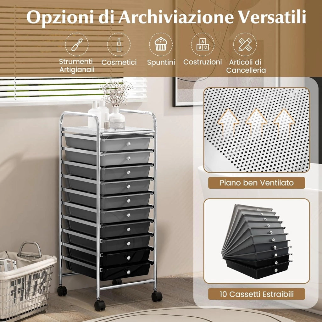 Carrello con 10 Cassetti da Stoccaggio, Cassettiera di Metallo e Plastica, Contenitore Multiuso con Ruote a Freno, per Casa e Ufficio (Nero sfumato)