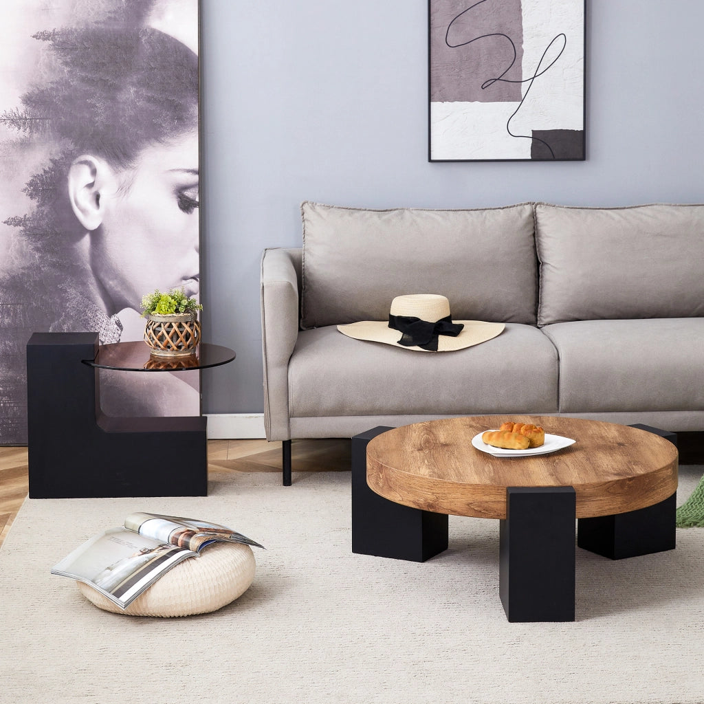 TAVOLINO DA SALOTTO Rotondo 2 piani 61 cm Vetro/MDF Nero-Legno Set 2 pezzi