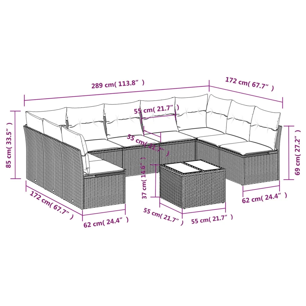 Set Divano da Giardino 10 pz con Cuscini Grigio in Polyrattan
