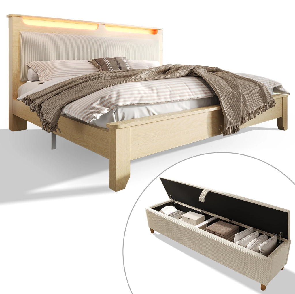 Letto matrimoniale 180x200 cm in legno effetto rovere chiaro con testiera in corda e LED; beige