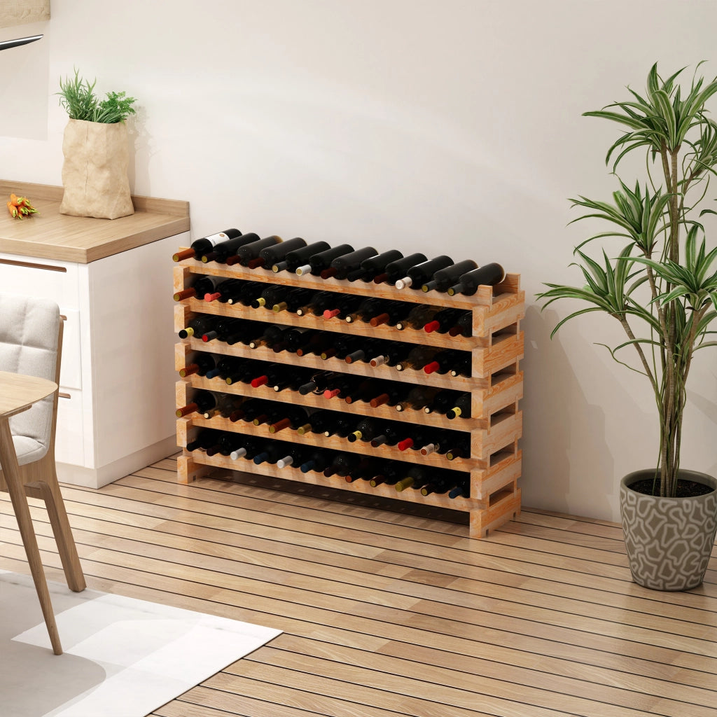 EasyComfort Scaffale Portabottiglie in Legno di Abete, Cantinetta Portabottiglie con 6 Ripiani per 72 Bottiglie e Peso Massimo 100 kg, 114x28x85 cm, Legno Naturale