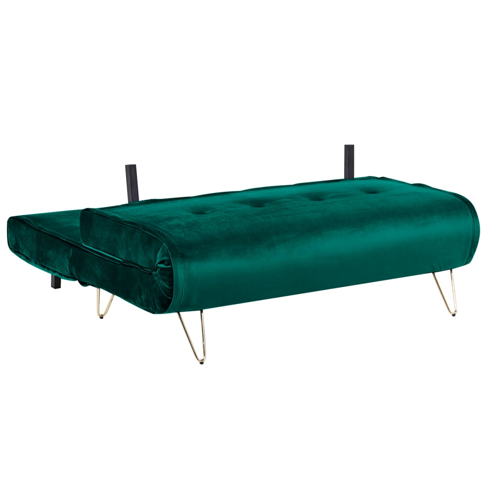 Divano Letto Velluto Verde Scuro 2 Posti Letto Sfoderabile senza braccioli Con 2 Cuscini Gambe In Metallo dorato Glamour