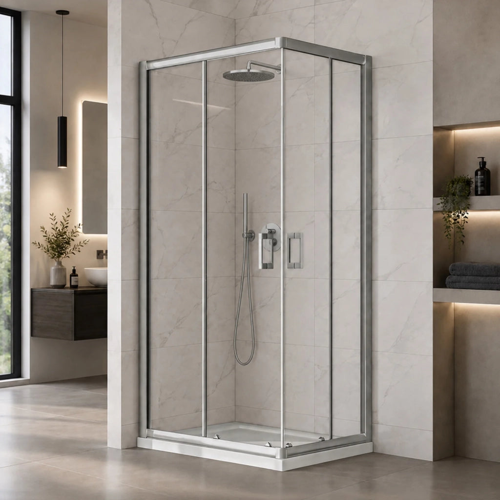 Box doccia 80x80 angolare doppio scorrevole con vetro temperato trasparente e profili cromo Geo