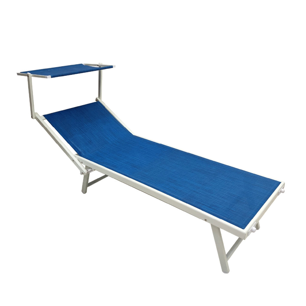 Lettino Prendisole Professionale Pieghevole e Impilabile con Parasole Regolabile, Schienale Reclinabile 2 Posizioni, Struttura in Alluminio, Tessuto Impermeabile UV Resistente, Portata 110 Kg Blu
