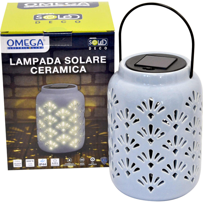 Lampada solare ceramica  grande c/appendino celeste