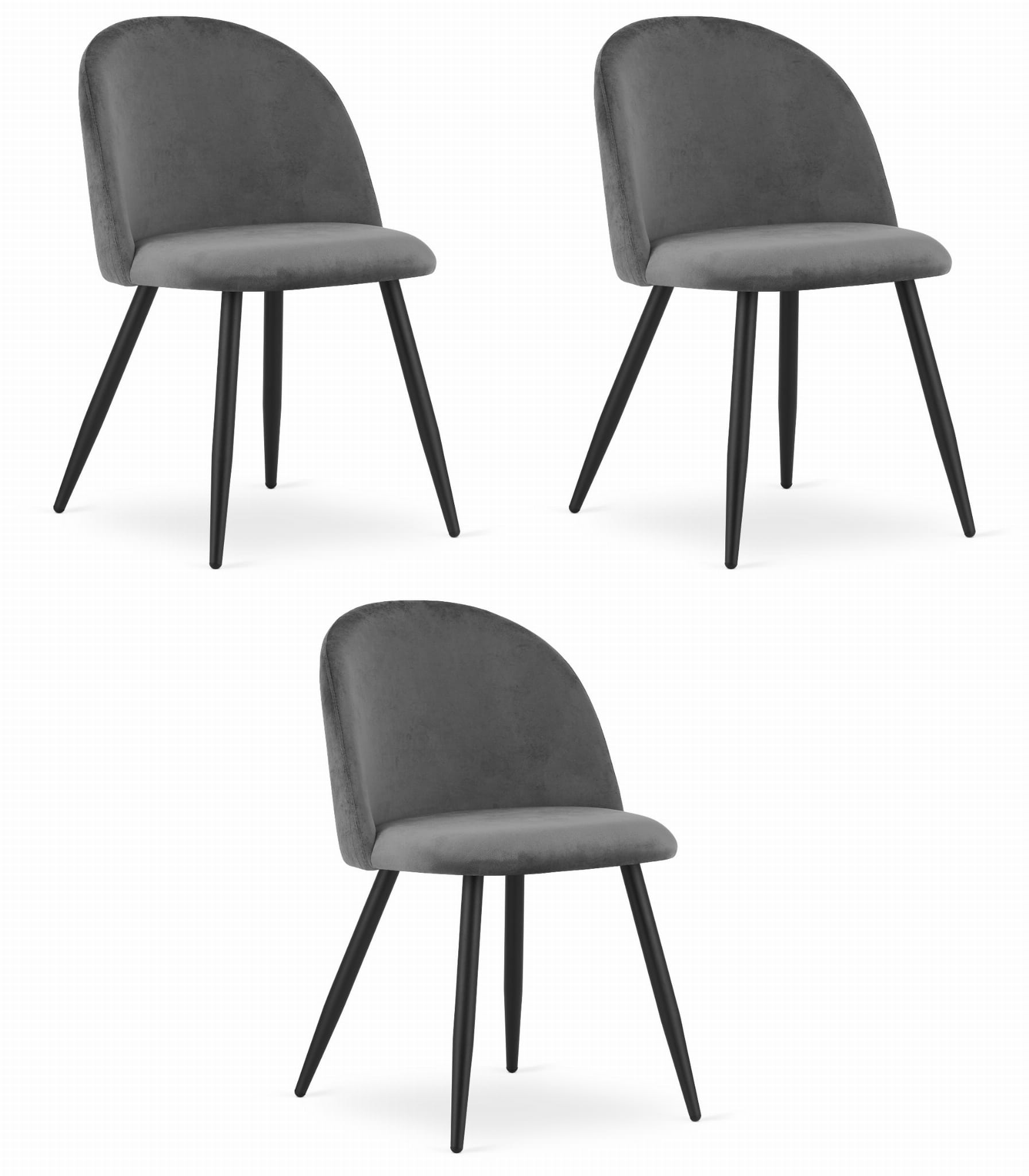 Valora Bello Chair in velluto grigio scuro con gambe nere, set da 3