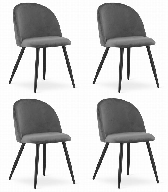 Valora Bello Chair in velluto grigio scuro con gambe nere, set da 4