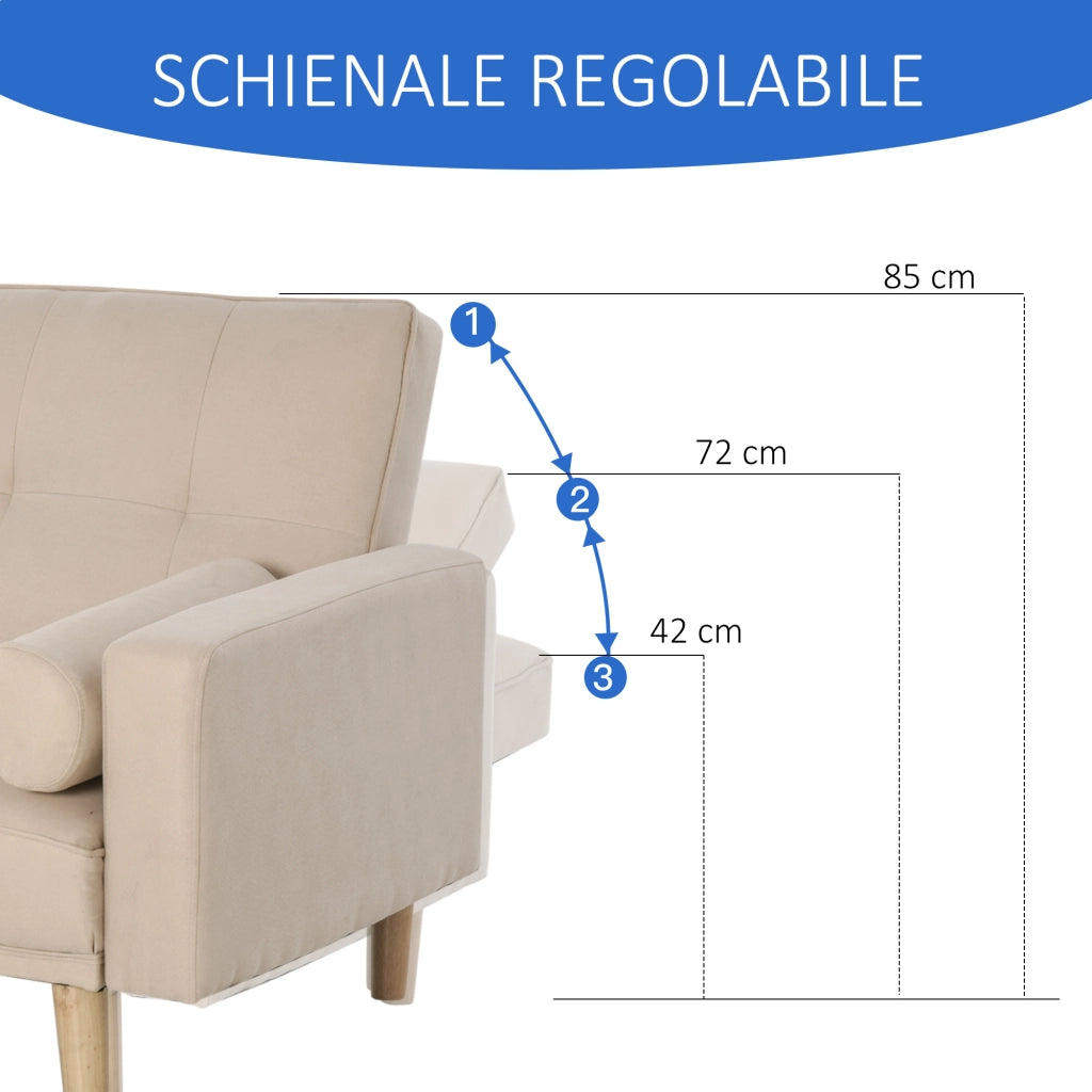 Divano Letto 3 Posti ¨C Zephmum ¨C Tessuto Beige, Schienale Regolabile, Braccioli Rimovibili, 185x84x85cm
