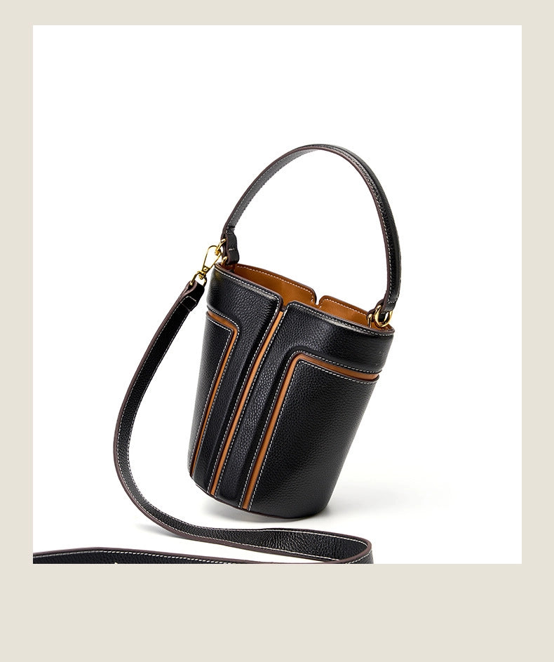 Borsa a secchiello da donna in vera pelle, borsa a tracolla nera