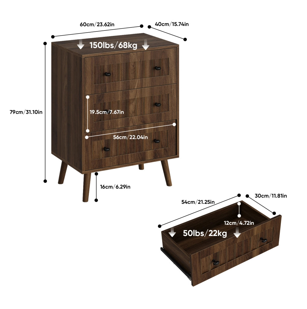 Cassettiera 60x40x79 cm con 3 cassetti; struttura stabile in MDF; noce