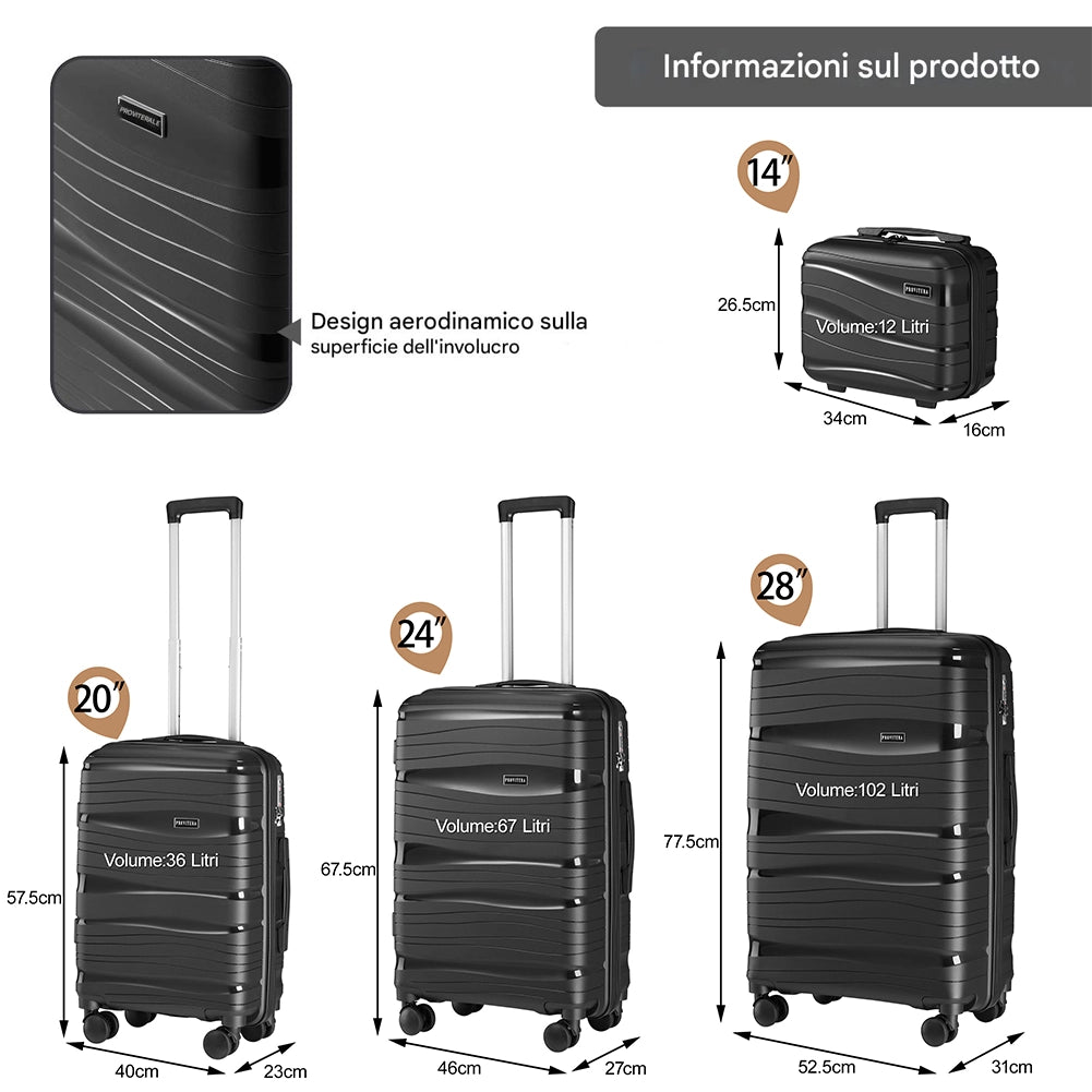 Set 4 Valigie Rivestimento Rigido in Polipropilene Nero con Maniglia Telescopica