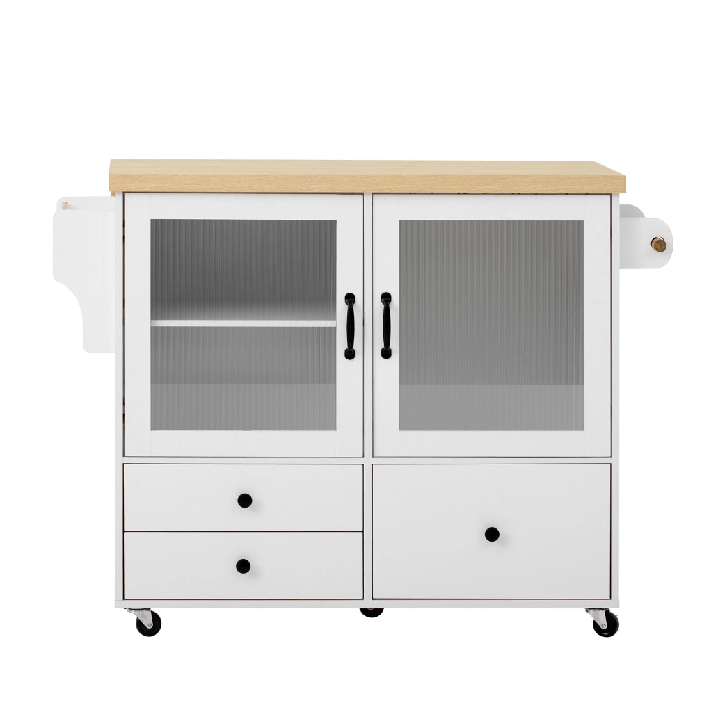 Isola cucina con piano estraibile 100x42-70x91.5 cm; ruote; spazio contenitivo; MDF bianco naturale