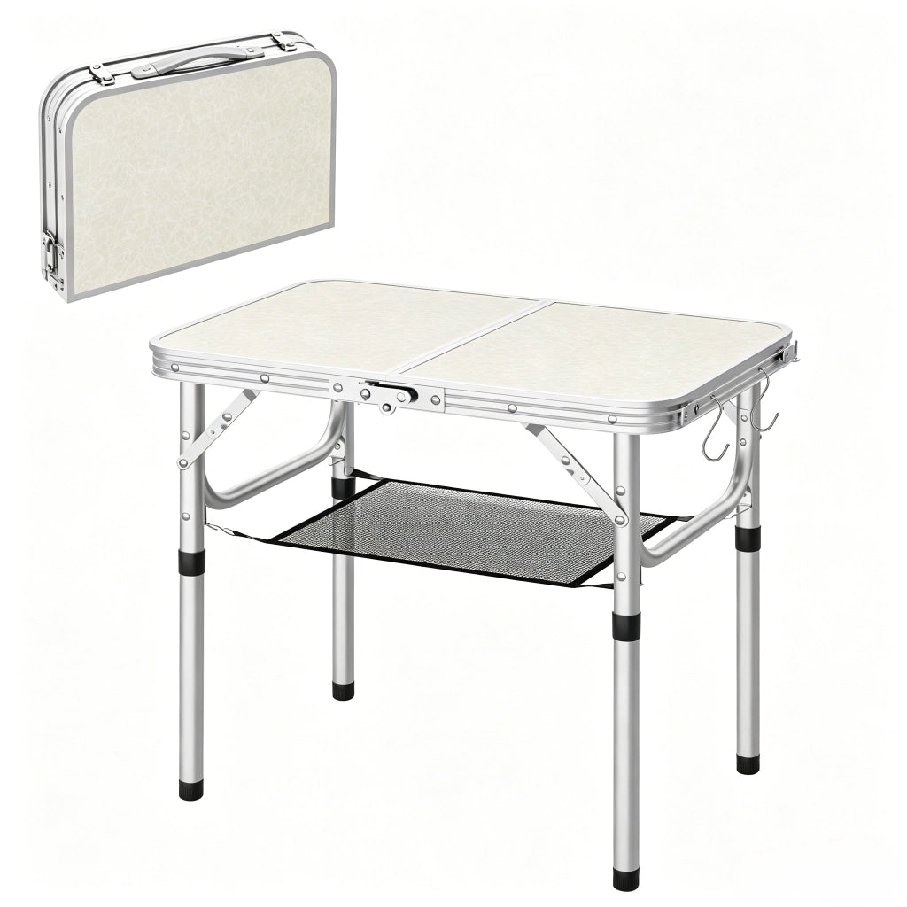 Tavolo pieghevole regolabile in altezza con rete portaoggetti, 60x40 cm, colore crema