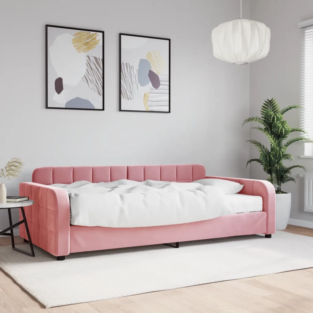 Divano Letto con Materasso Rosa 100x200 cm in Velluto