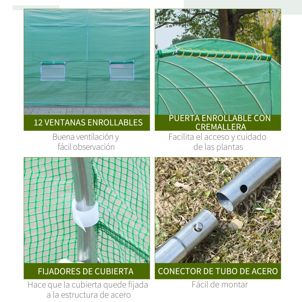 Tunnel Serra Giardino ¨C zephmum ¨C Verde 8x3x2 m Acciaio e PE 140 g/m2 con 12 Finestre e Porta Avvolgibile