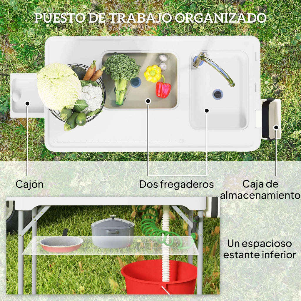 Tavolo Pieghevole per Esterno con Lavello e Rubinetto ¨C Zephmum ¨C Bianco 120x60x80 cm