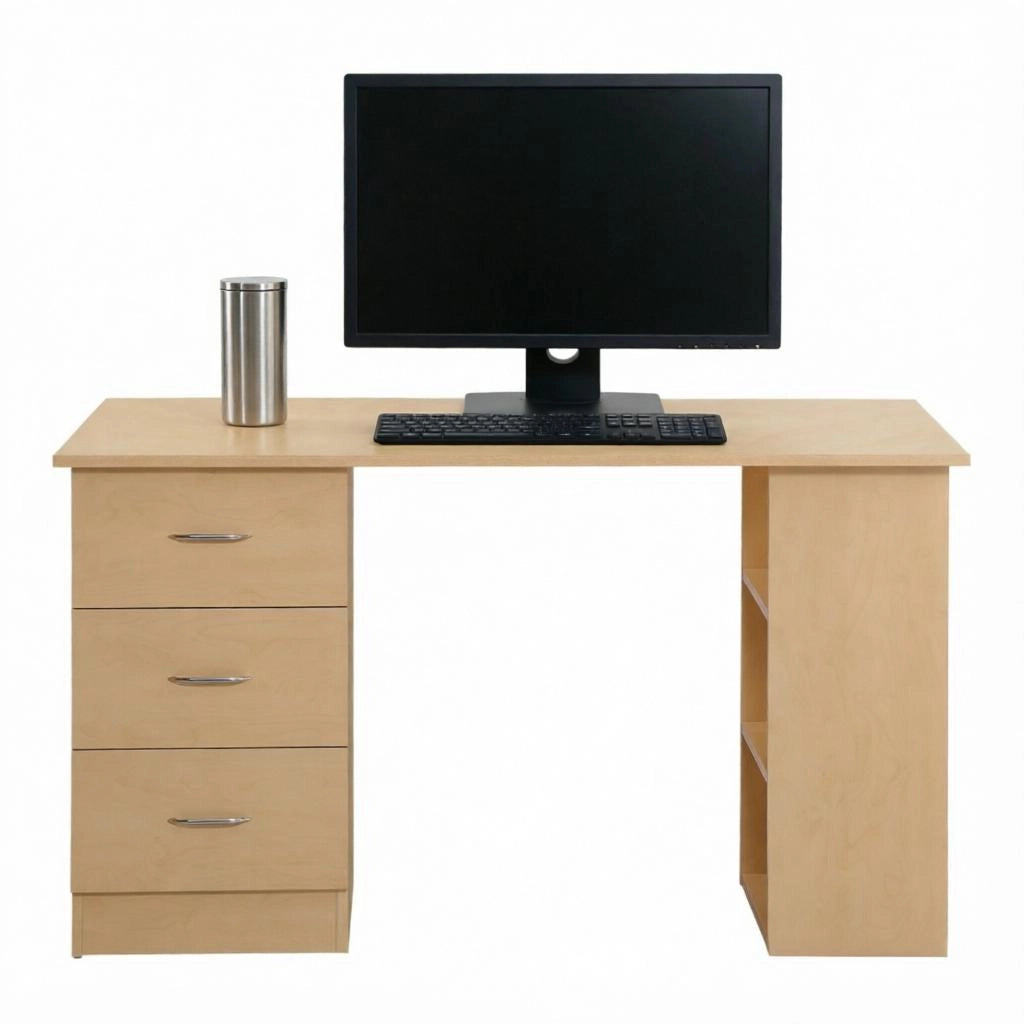 Scrivania computer moderna in MDF con 3 ripiani e 3 cassetti, finitura effetto legno, 120x49x72 cm
