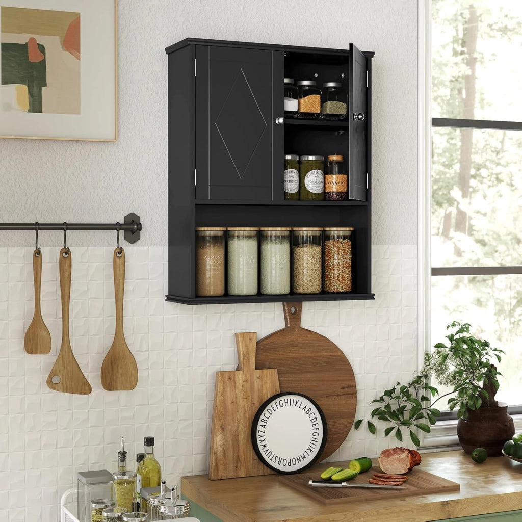 Mobile da Bagno da Parete, Mobiletto Salvaspazio a Muro a 2 Ante con Ripiano Aperto e Ripiano Regolabile, Armadietto per Cucina, Soggiorno e Ingresso, 60 x 21 x 75 cm (Nero)
