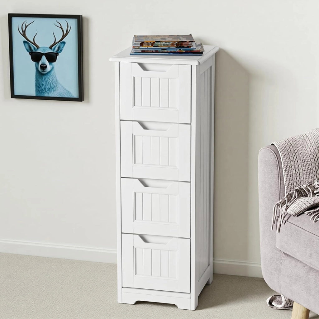 Mobile Bagno con 4 Cassetti,Armadio Bagno Stretto,Conservazione MDF Impermeabile,Mobile Laterale per Bagno,Camera da Letto,Ingresso,Cucina,30X30X85CM,Bianco