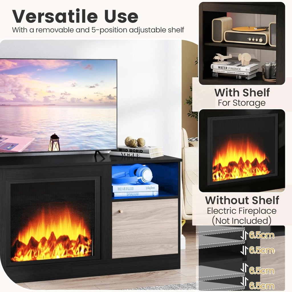 KOMFOTTEU Mobile TV Soggiorno con Luci LED, Mobiletto TV Multifunzione per TV fino a 65”, con Mensola Regolabile e Scomparto Aperto per Camino Elettrico, Mobile Porta TV per Camera da Letto, Nero