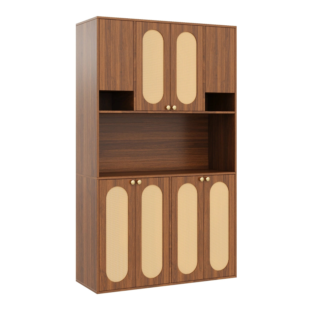 Credenza alta con 8 ante e LED, per sala da pranzo e soggiorno, in MDF e PE-rattan, naturale, 106 × 40 × 178 cm