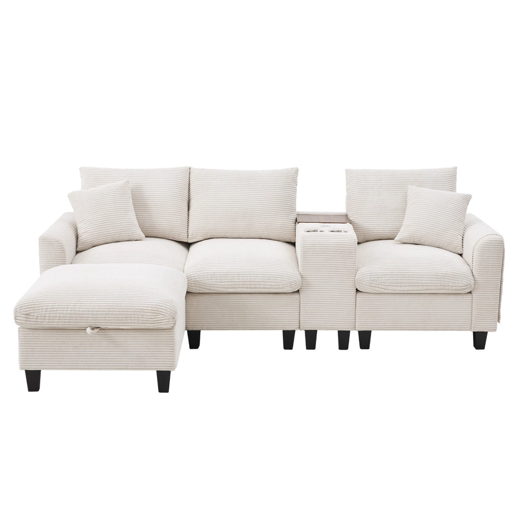 Divano angolare 229x149;5 cm beige in velluto a coste; console con USB