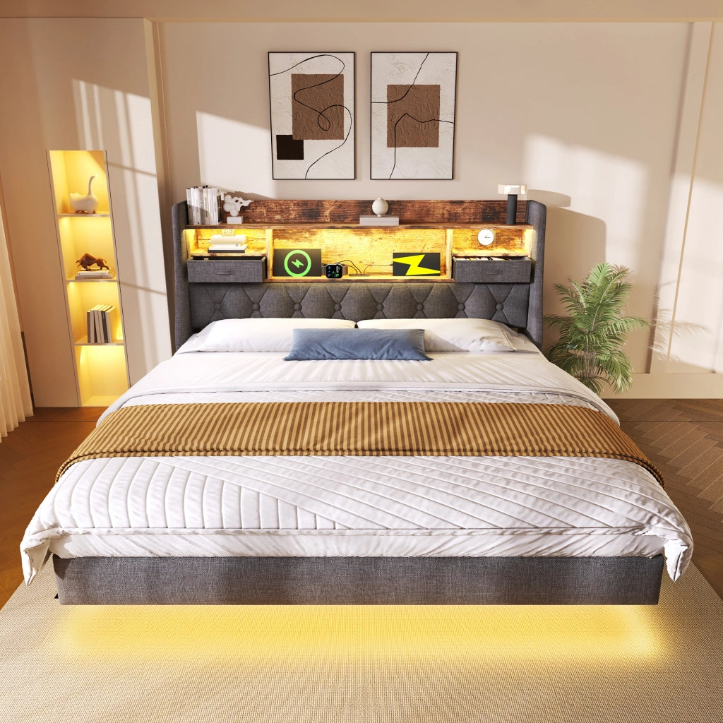 OKWISH Letto Imbottito 160×200 cm, Letto Matrimoniale con LED Regolabile, USB, Type C e Mensola Contenitore, senza Materasso, in Lino, Grigio