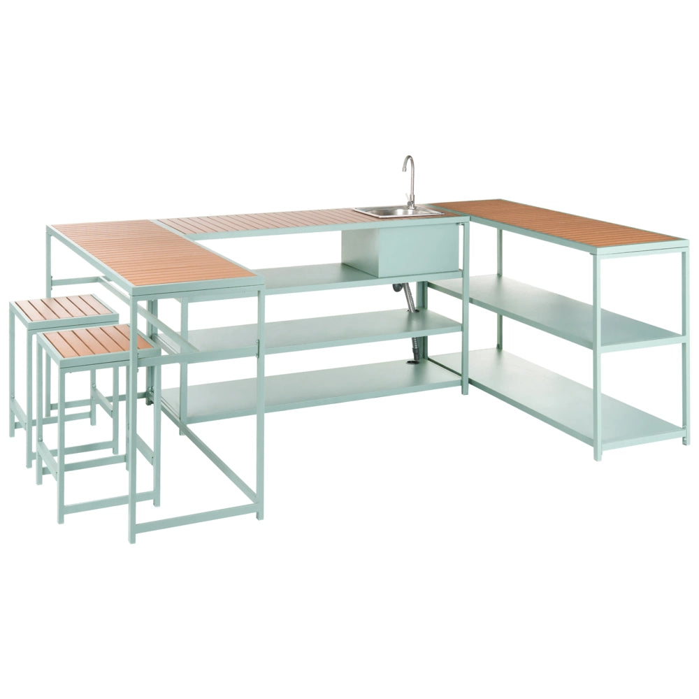 Set cucina da esterno con lavello 6 elementi acciaio verde chiaro con tavolo bar a 2 posti cucina all'aperto stile moderno