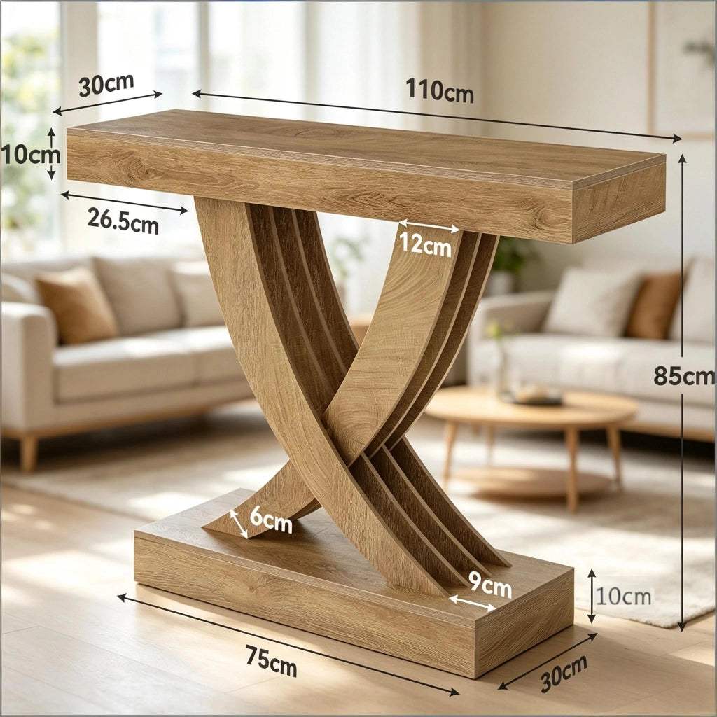 Consolle in MDF con struttura a X e piano robusto, stile rustico, per ingresso, soggiorno e corridoio, marrone, 110 cm