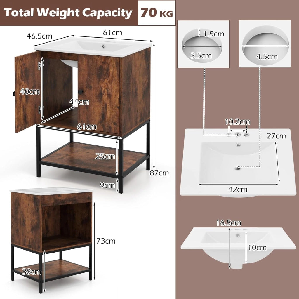 Mobile lavabo con lavello in ceramica, armadietto da bagno con 2 ante e ripiano, 61 x 46,5 x 87 cm, mobiletto per bagno