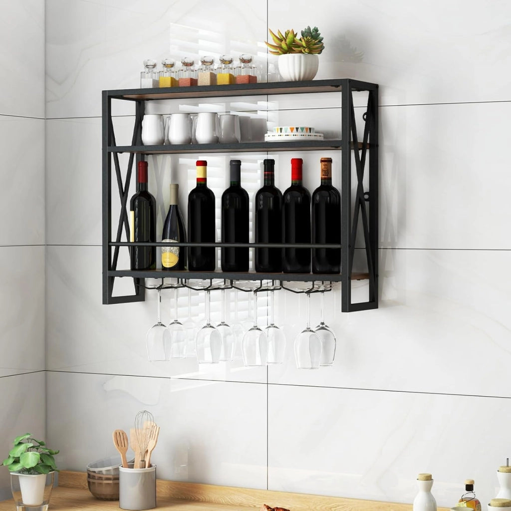 Scaffale per Vino da Parete, Portabottiglie a 3 Livelli, Portabottiglie da Vino con Supporto in Vetro, per Cucina, Casa, 80x20x63 cm