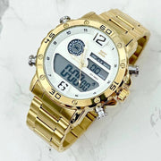 Trade Shop - Orologio Polso Zcc Uomo Acciaio Dual Time Data Allarme Impermeabile Dorato Bianco -