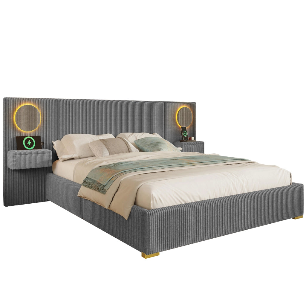 Letto imbottito grigio 180 x 200 cm con luci LED, USB e comodini