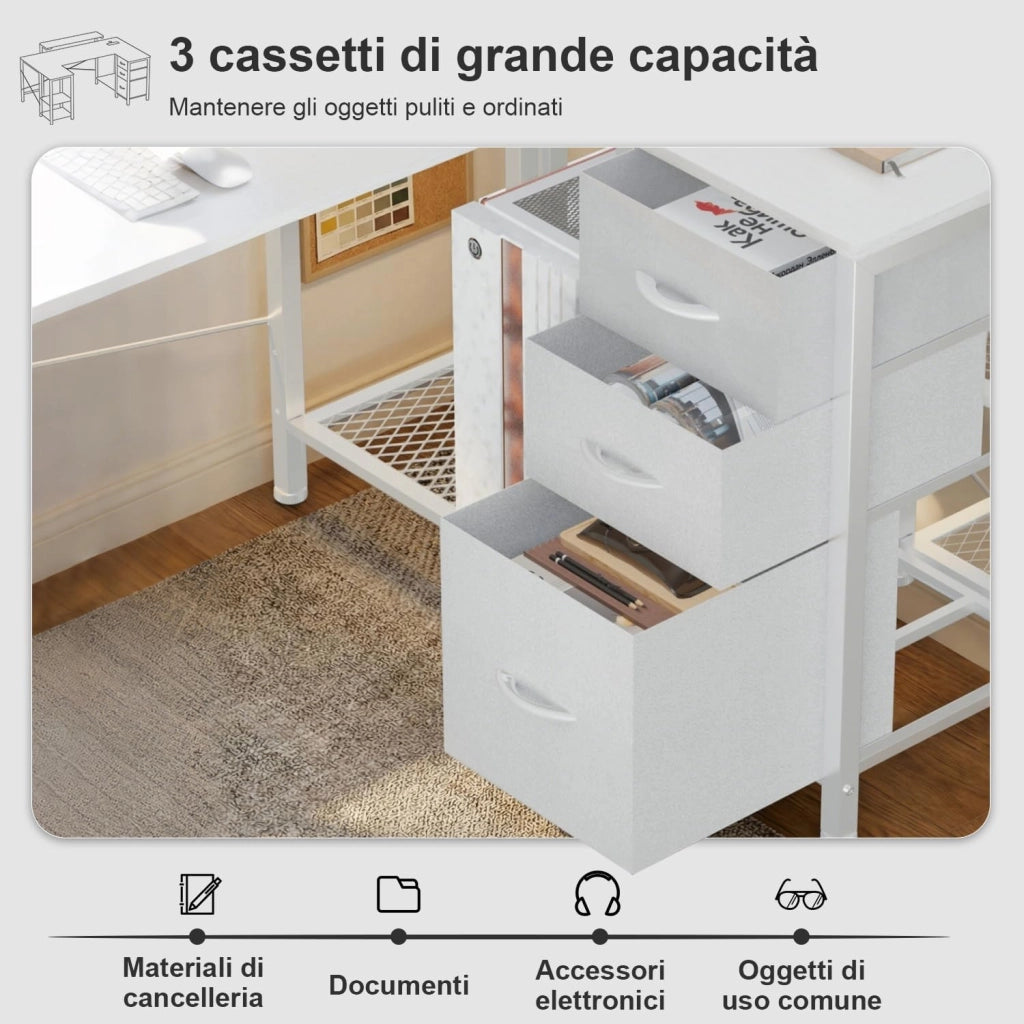 Scrivania Angolare 170x95 cm, Tavolo A L Da Gioco con 3 Cassetti, Illuminazione LED, Supporto Monitor, 2 Prese + 2 USB, Adatta per Ufficio/Studio, Ideale per Camere, Bianca