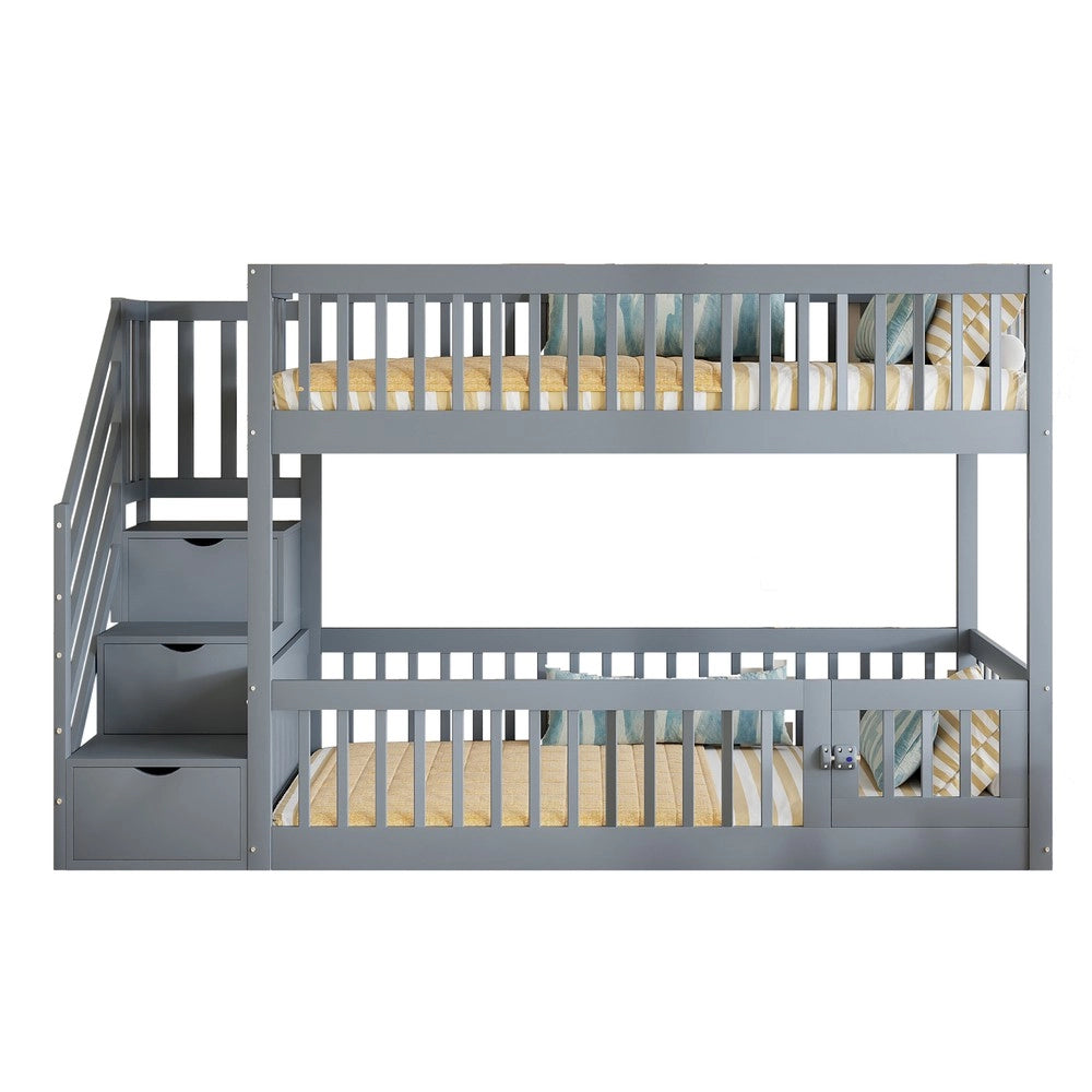 Letto a Castello 90x200 per Bambini con Scala e Cassetti ¨C Xylo ¨C Grigio, Legno