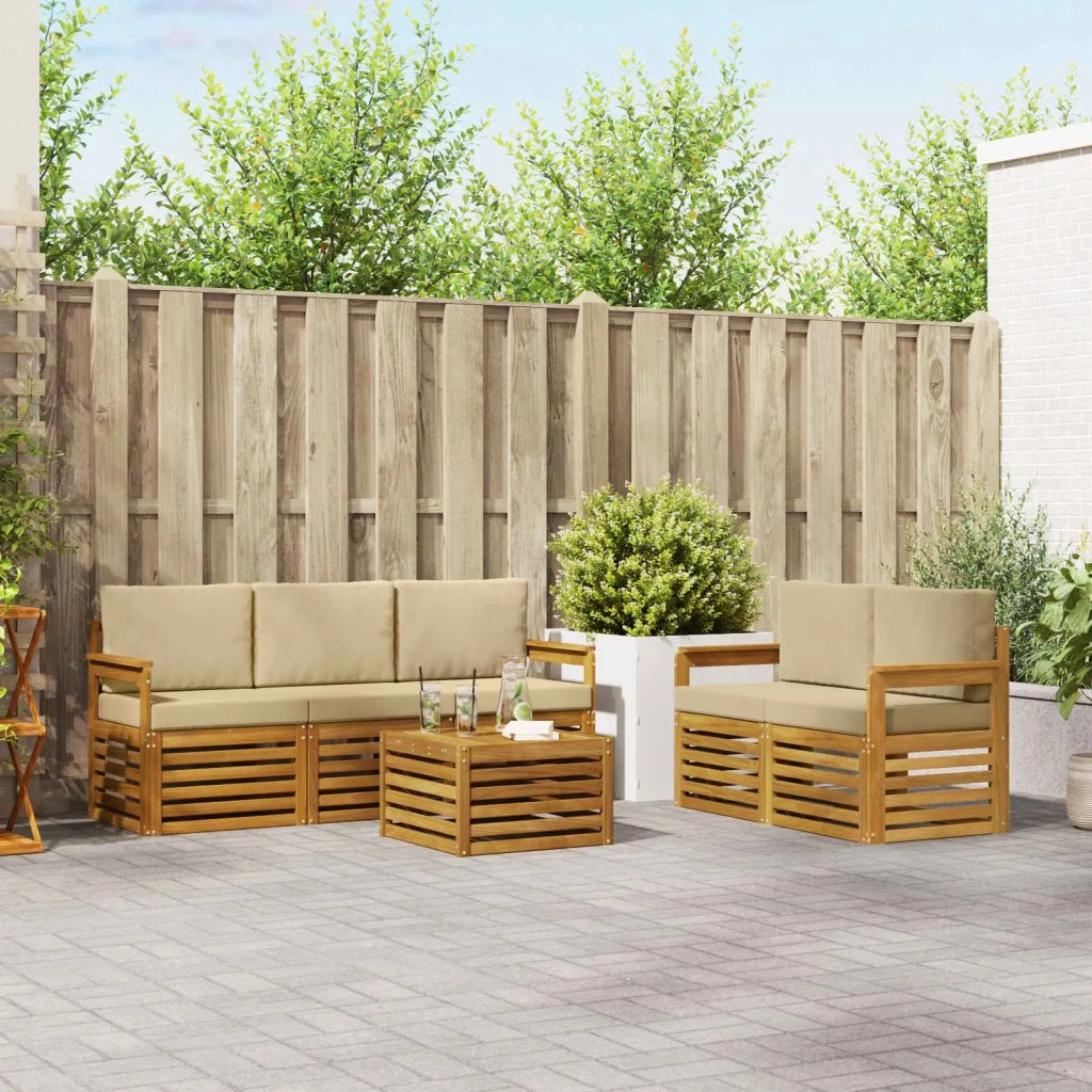 Set divani 6 pcs Naturale e Beige Legno di Acacia Massello