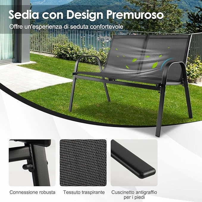 Tavoli con 2 Sedie da Giardino in Metallo Antiruggine, Set di Mobili 4 Pezzi per Esterni con Tavolino in Vetro Temperato, Panca e 2 Sedie, Adatto per Cortile, Patio, Piscina e Balcone