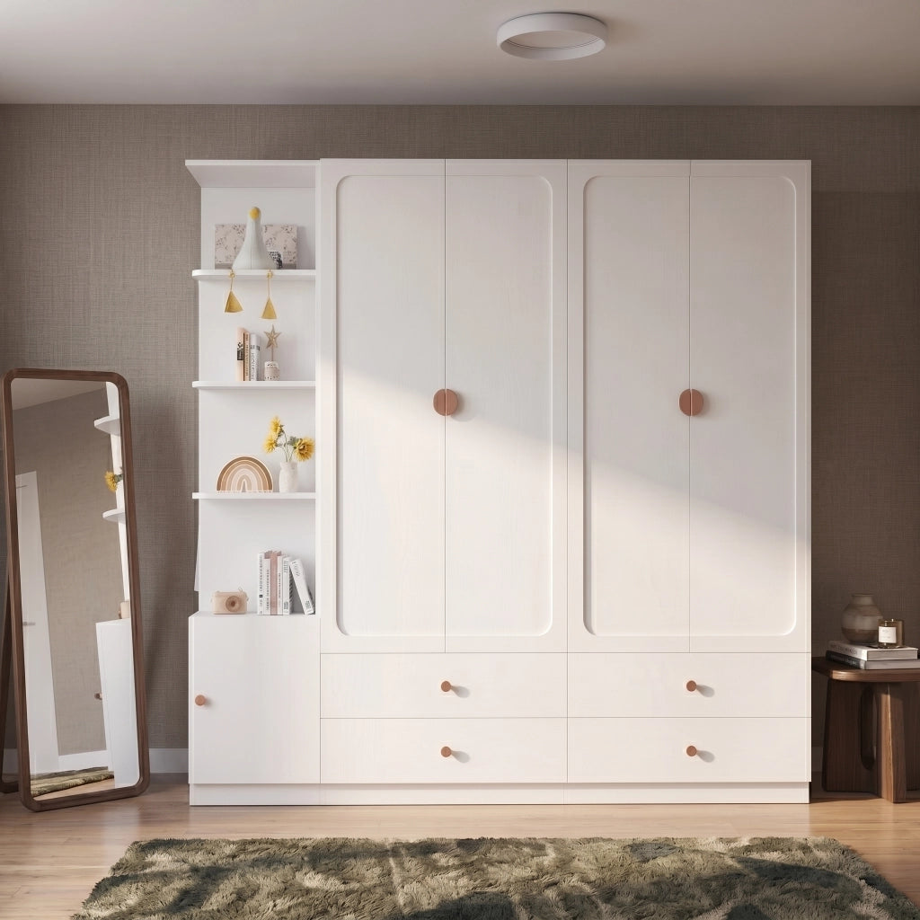 Armadio guardaroba modulare 225x45x200 cm bianco con 3 appendiabiti e 4 cassetti
