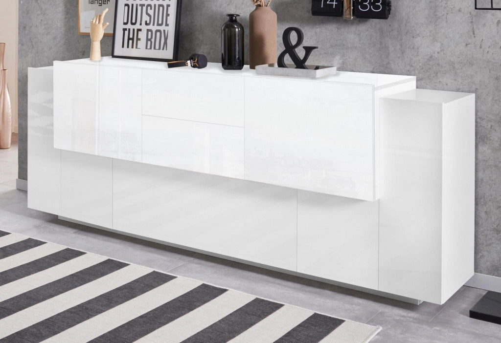 Credenza 5 Ante e 2 Cassetti 220x45x86 cm Coro Bianco Lucido/Bianco