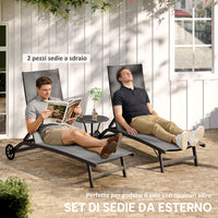 Set 2 Lettini Prendisole 66x165x102 cm con Schienale Reclinabile in Alluminio e Tessuto Traspirante Grigio Scuro